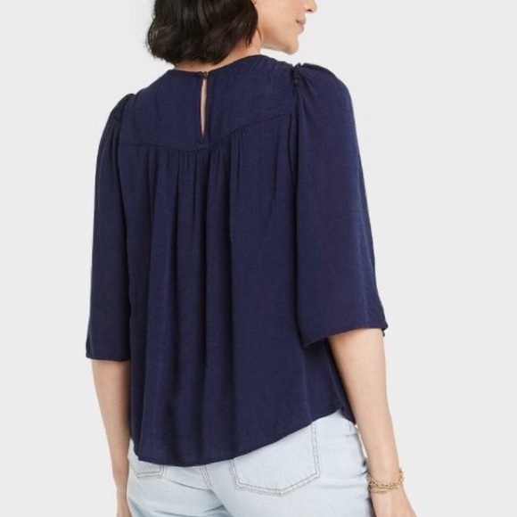 Knox Rose, navy, 3/4 sleeve crinkle fabric with embroidered yoke -size M - Picture 2 of 11